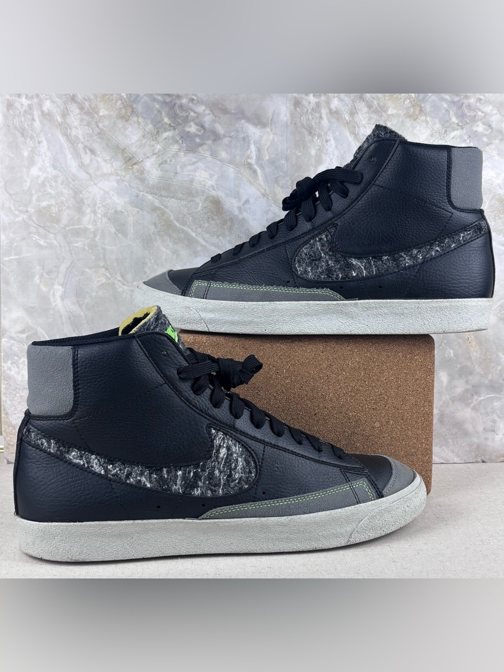 Nike Blazer Mid ‘77 Black Leather Fuzzy Swoosh Sneakers Men’s 12